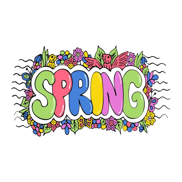 Handgezeichnetes Buntes Wort Frühling Doodle Blätter Und Blüten Vektorillustration Folge — Stockvektor