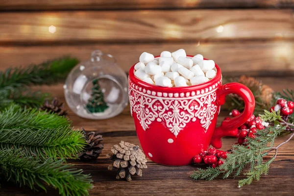 Cup with cocoa and marshmallows in Christmas winter holidays style decorations — Stock Photo, Image