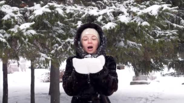 Portret van mooi gelukkig meisje blazen sneeuwvlokken in Frosty Winter Park — Stockvideo