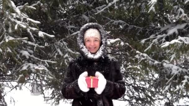 Glücklich lächelnde Frau überreicht eine rote Geschenkbox, die im schneebedeckten, frostigen Park steht — Stockvideo