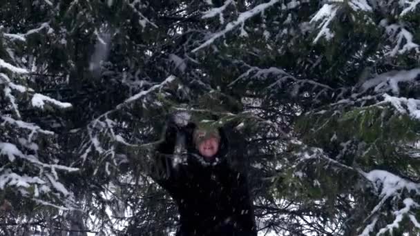 Porträt einer glücklich lächelnden Frau im schneebedeckten Winterpark mit Tannen — Stockvideo