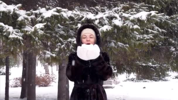 Portret van mooi gelukkig meisje blazen sneeuwvlokken in Frosty Winter Park — Stockvideo