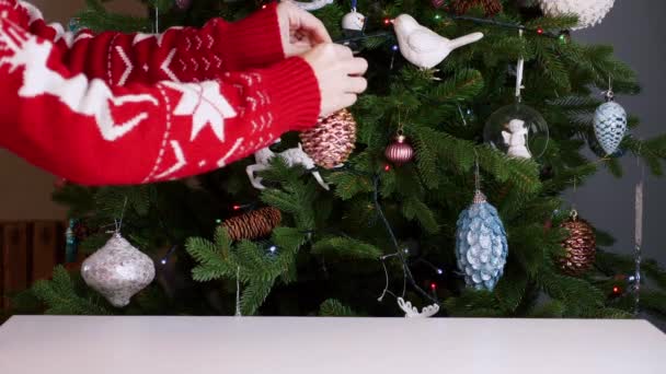A nők kezei egy piros karácsonyi pulóverben felakasztanak egy játékot egy karácsonyfára. — Stock videók