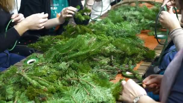 Женские ладони делают рождественские венки из еловых ветвей, групповой семинар — стоковое видео