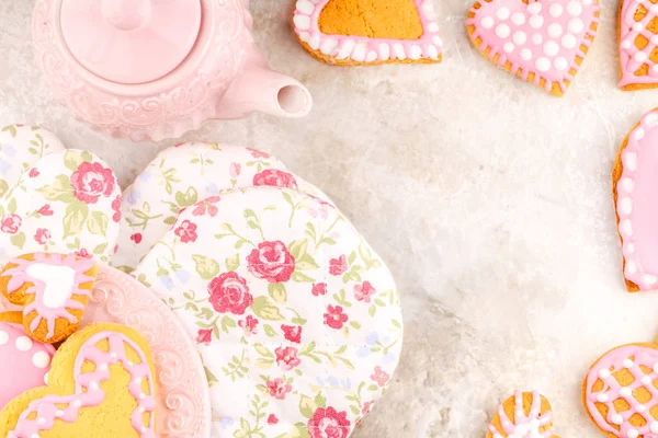 Pink Teapot, Flower Gloves and Plate of Handmade Glazed Heart Shaped Cookies