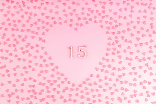 Number 15 Fifteen Made of Wood in Heart Shaped Decoration with Small Hearts — Stock Photo, Image