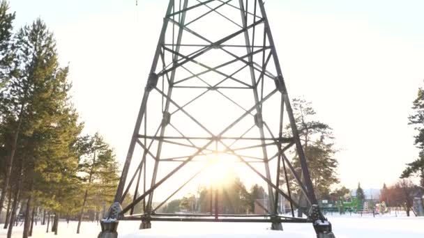 Power Line Electric High Voltage Pylon on a Clear Sunny Winter Day — Stock Video