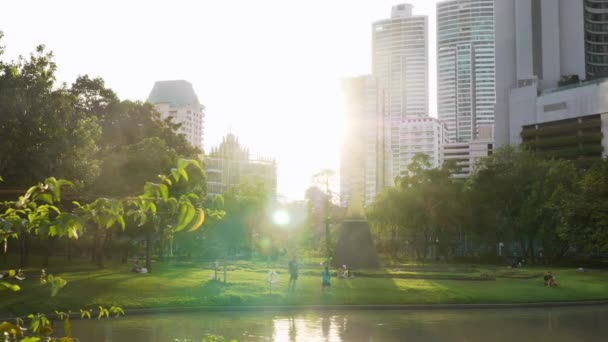 People Relax in Public Park with Lake and Green Trees with Skyscrapers Buildings — 图库视频影像