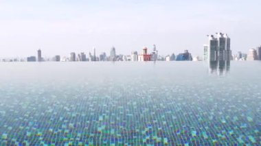 Blue Swimming Pool on Rooftop at Luxury Apartment Overlooks City Skyline