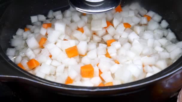 Kkakdugi - korejský nakrájený ředkvička, typ Kimchi Vyrobeno z Diced Daikon — Stock video