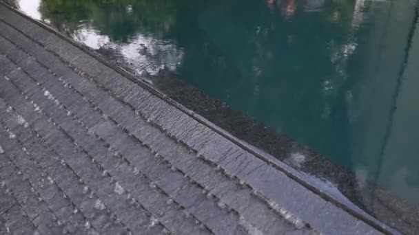 Clear Water from the Pool Flows Down on the Decorative Ledges — Stockvideo