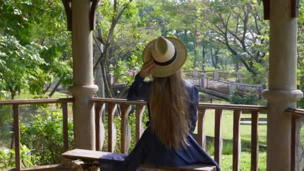 Vista trasera de la mujer turista en sombrero de paja sentada en el banco en el verde parque de verano — Vídeo de stock