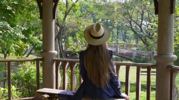 Mujer con el pelo largo sentado en el banco en el Parque Tropical de Verano — Vídeos de Stock