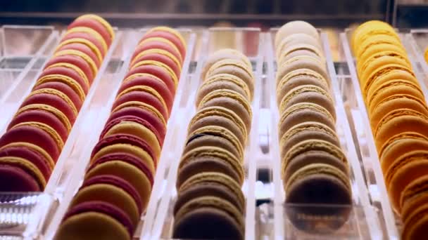 Наборы красочных сладких французских тортов Macaron в ряд на дисплее кафе — стоковое видео