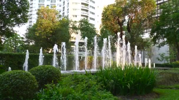 现代公寓楼附近的喷泉和热带绿地层叠 — 图库视频影像