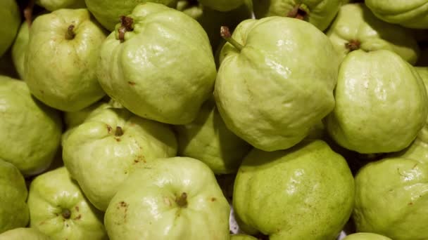 Gros plan de fruits de goyave frais sur l'étagère du supermarché — Video