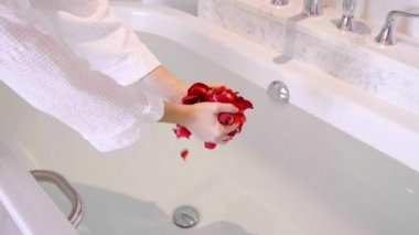 Temiz Suyla Dolu Banyo Üzerine Kırmızı Gül Yaprakları Döken Kadın Elleri
