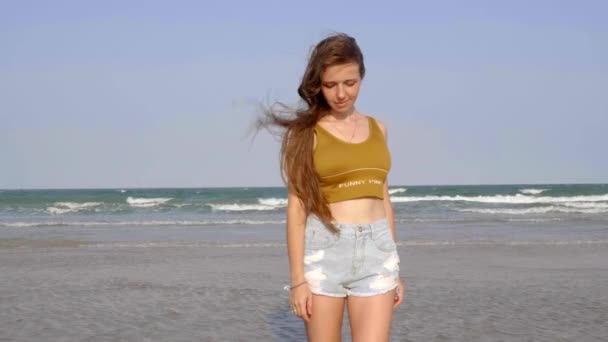 Sexy jong meisje met lang haar staande op het strand — Stockvideo