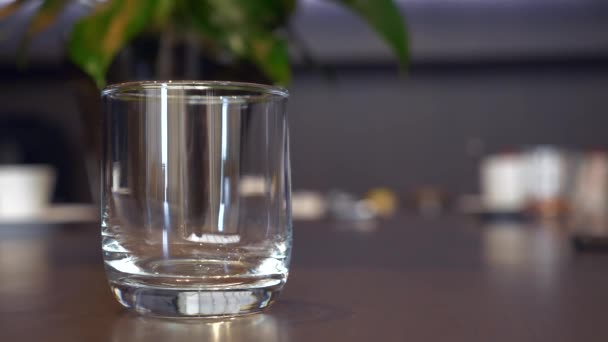 Свежий апельсиновый сок наливается в стекло, стоя на столе, бар на заднем плане — стоковое видео