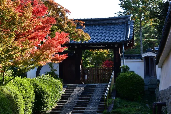 タイル張りの屋根を持つ趣のある古い門の眺めは寺院につながり 周囲の秋は紅葉します — ストック写真