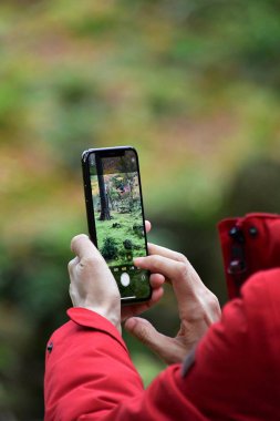 Akıllı telefonuyla fotoğraf çeken birinin fotoğrafı ve ekranda görünen bir görüntü. Ohara Kyoto