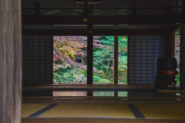 Kapının ardındaki renkli sonbahar manzarası karanlık iç mekanıyla büyük tezat oluşturuyor. Nanzeninn Kyoto