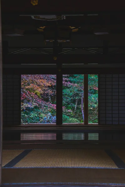 Красочные Осенние Пейзажи Дверью Сильно Контрастируют Темным Интерьером Киото Нанзенин — стоковое фото