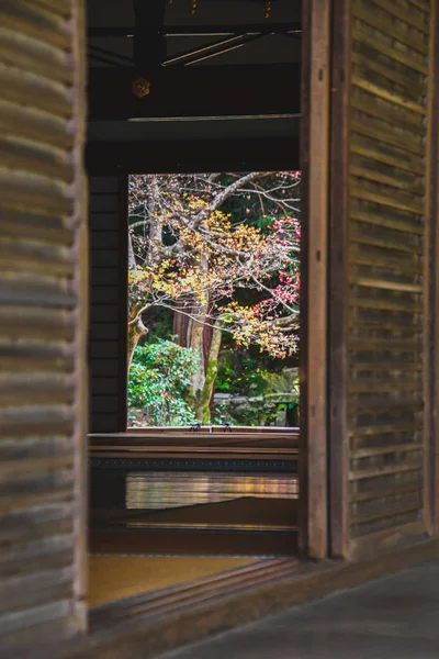 Красочные Осенние Пейзажи Дверью Сильно Контрастируют Темным Интерьером Киото Нанзенин — стоковое фото