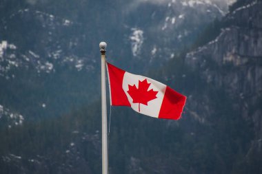 A picture of Canada flag waving against the mountain lightly dusted with snow.   Squamish BC Canada