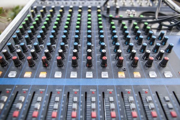 Sound board close seup for outside live performance — стоковое фото