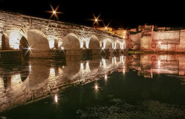 Roma köprüsü ve alcazaba gece, Merida, İspanya