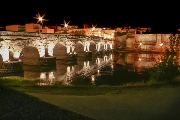 Roma köprüsü ve alcazaba gece, Merida, İspanya — Stok fotoğraf