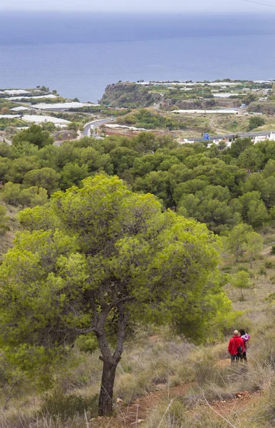 Couple hiking by path over Nerja Caves, Spain — Stock Photo, Image