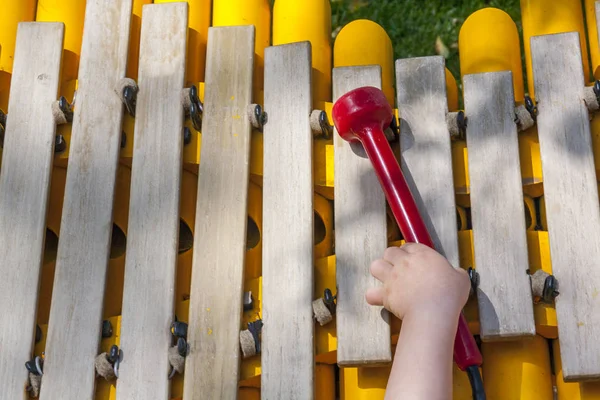 Baby boy playing take the mallet of wooden xylophone — Stock Photo, Image