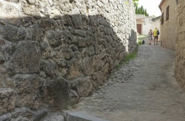 Turistler tarafından köpek yürüyüş ile şehir merkezine Trujillo sokaklarında dar