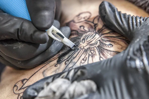 Female tattoo artist applies tattoo to the shoulder blade of a w — Stock Photo, Image