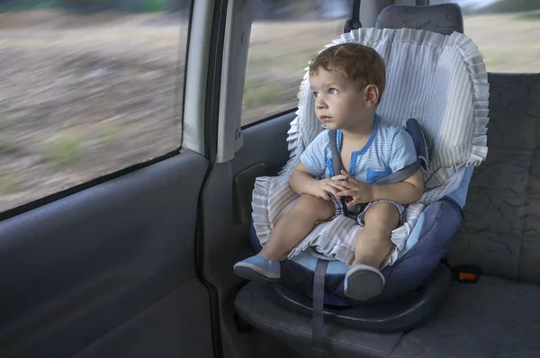 Симпатичний маленький хлопчик спостерігає за сільською місцевістю зі свого сидіння безпеки автомобіля — стокове фото