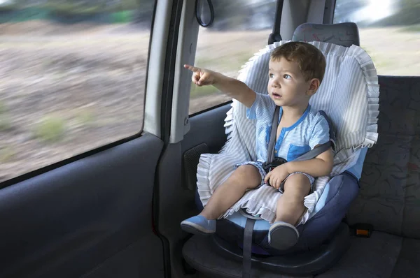 Симпатичний маленький хлопчик спостерігає за сільською місцевістю зі свого сидіння безпеки автомобіля — стокове фото