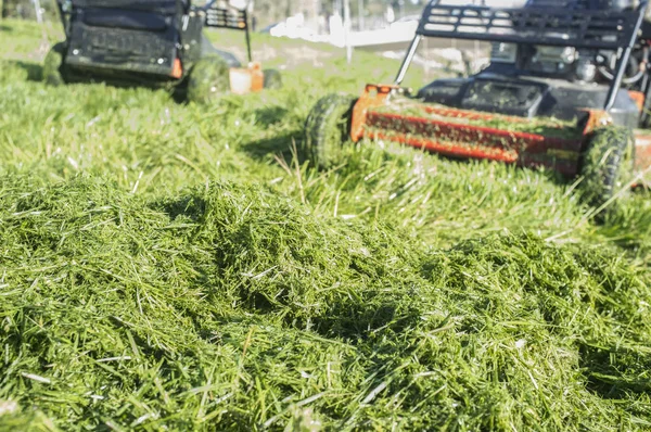 Haldy zelené trávy posečená s dvěma sekačky za — Stock fotografie