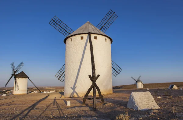 Campo Criptana Windmills Rising Photographer Camera Tripod Long Shadows Ground — Stock Photo, Image