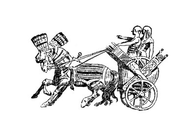 İki tekerlekli Mısır arabası Chari taşıyan iki at tarafından çekildi.