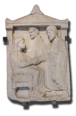 Yunan tavan arası cenaze taşı ve veda sahnesi. Katalan Arkeoloji Müzesi, Barselona, İspanya