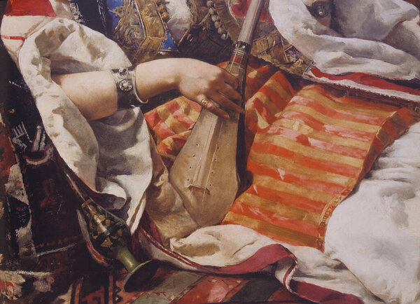 The Odalisque by Nicolas Mejias, 1884. Detail of hand playing oud. MUBA, Spain
