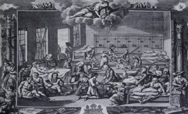 Büyük Kuzey Savaşı salgını sırasında Hamburg Hastanesi, 1746, Prusya, şimdi de Almanya. C. Fritzsch tarafından işlenmiş bakır levha.