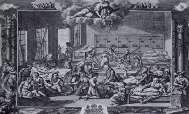 Hamburg Hospital during Great Northern War plague outbreak, 1746, Prussia, now Germany. Copperplate engraving by C. Fritzsch clipart