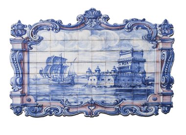 Lisbon, Portugal - March the 1st, 2020: Glazed tile wall depicting Belem Tower at 16th Century with sailing boat departure. Scene made by Sant Anna Factory  clipart
