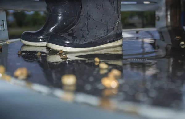 Blauw Donker Kind Regenlaarzen Het Midden Van Vijver Van Speeltuin — Stockfoto