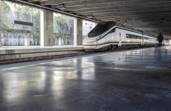 ヨーロッパの高速鉄道駅で電車に近いスーツケース付きの旅行者 電車のコンセプトで旅行 — ストック写真