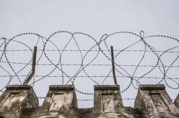 Concertina Draad Geplaatst Top Van Een Muur Grijze Bewolkte Lucht — Stockfoto