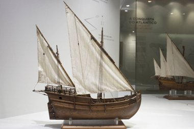 Lisbon, Portugal - March the 1st, 2020: 2 mast lateen rigged Caravel. Known as discovery caravel, 15th Century. Navy Museum, Lisbon, Portugal clipart